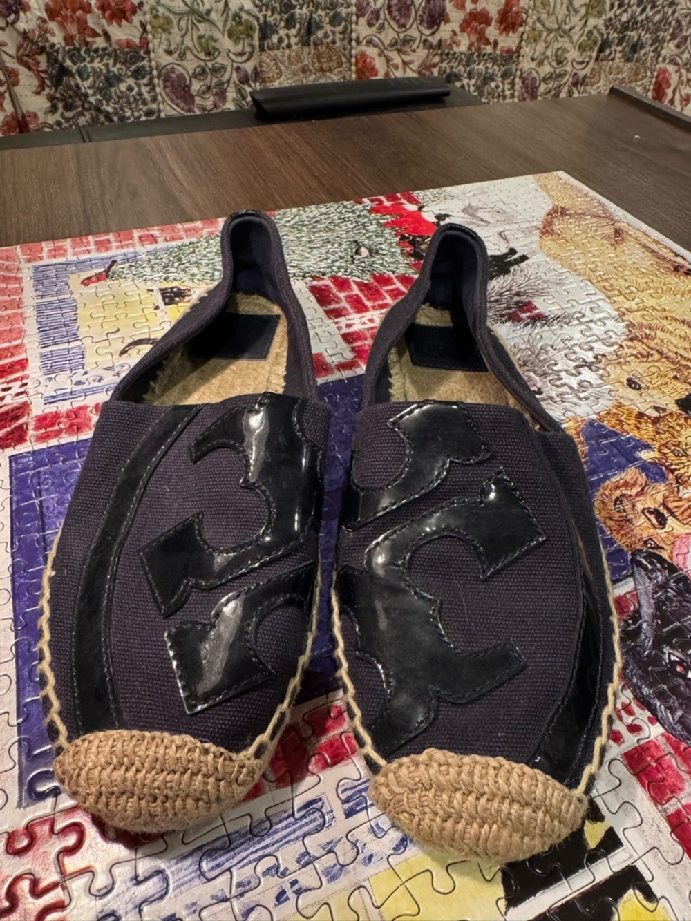 Tory Burch Navy Canvas Espadrille with Black Patent Logo Trim